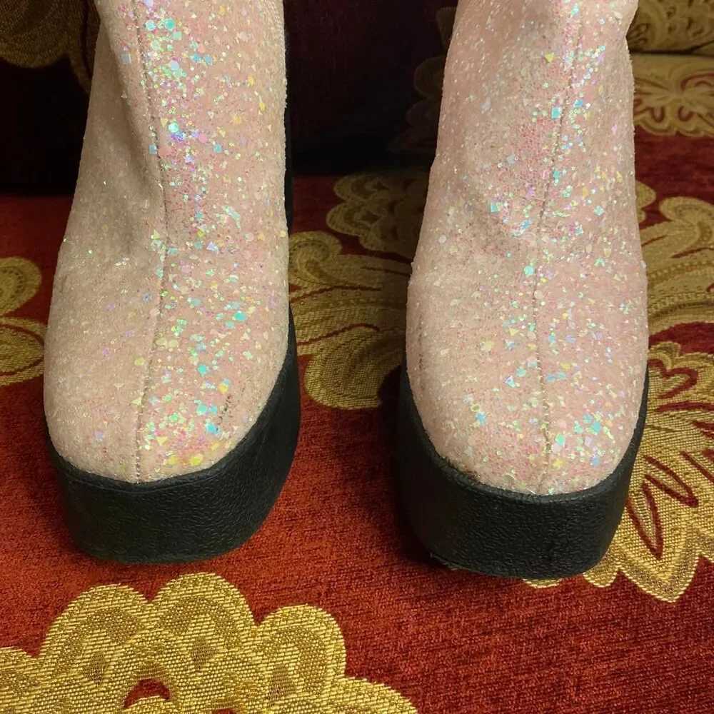 y2k rave inspired pastel pink glittery knee high chunky platform boots LaModa